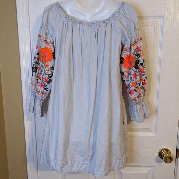 Free People Pale Blue Boho Embroidered Off Shoulder Neckline Mini Dress - XS - Picture 6 of 11